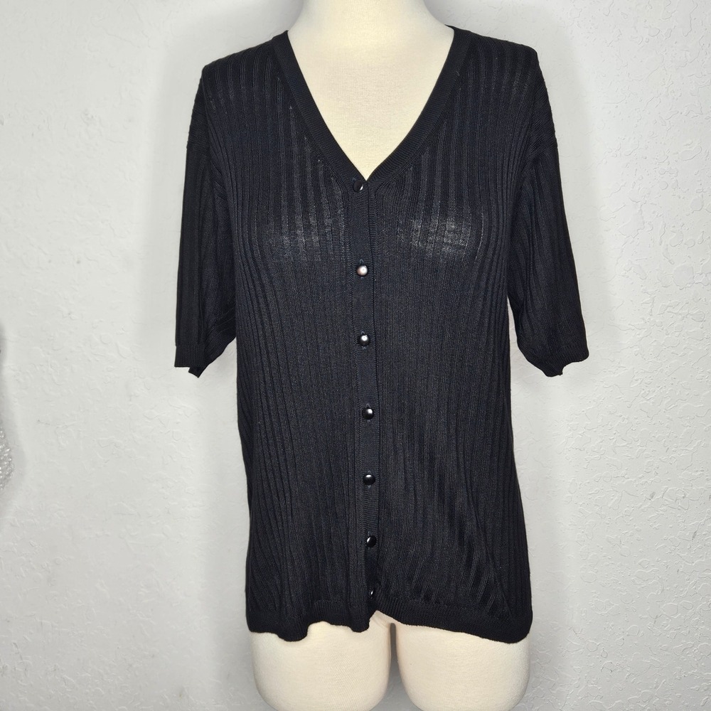 Ryan Harris Black Ribbed‎ Knit V Neck Short Sleeve Button Front Cardigan Top M